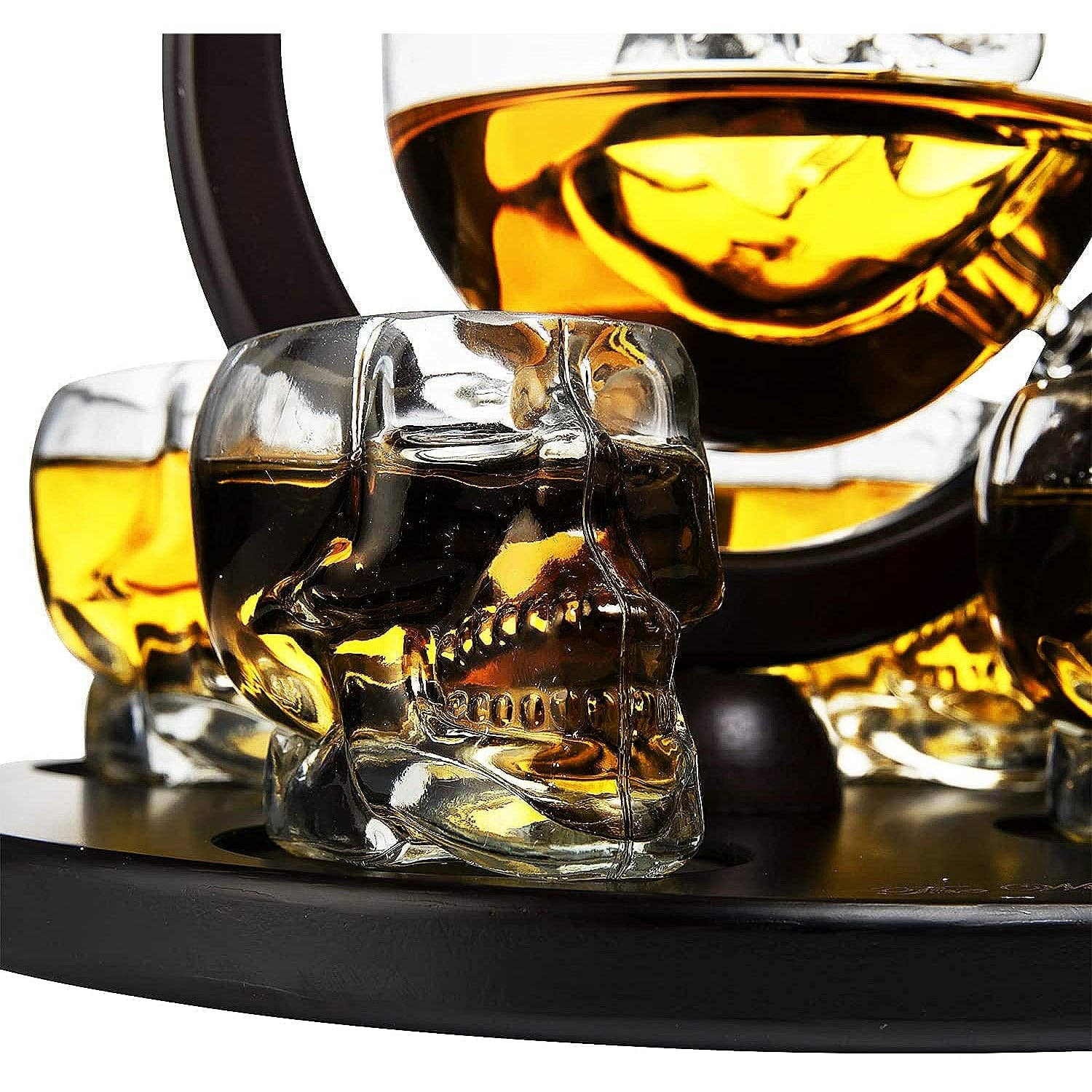 The Wine Savant /  Khen Glassware - Wholesale Decanter - Large Skull Decanter 4 Glasses - Beautiful Wooden Base - By5