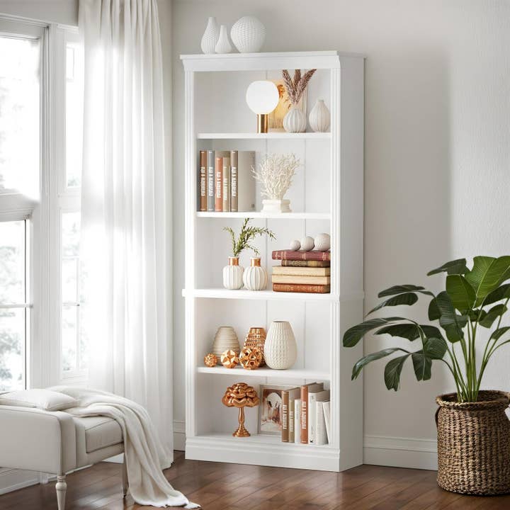 White 5-Shelf Tall Bookcase for Living Room Storage Solutions for wholesale on Faire