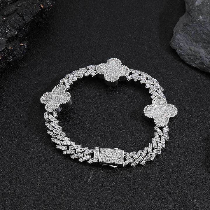 Hip-Hop-Vierblättriges-Kleeblatt-Rhombus-Kubakette-Zirkon-Armband für den Großhandel von Gemcohub