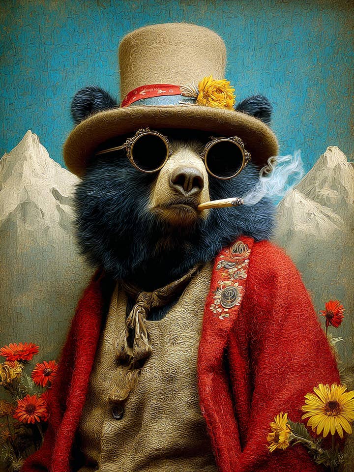 Impressões de Arte de Marijuana - Urso Hipster a Fumar um Charro por atacado de Mowbi
