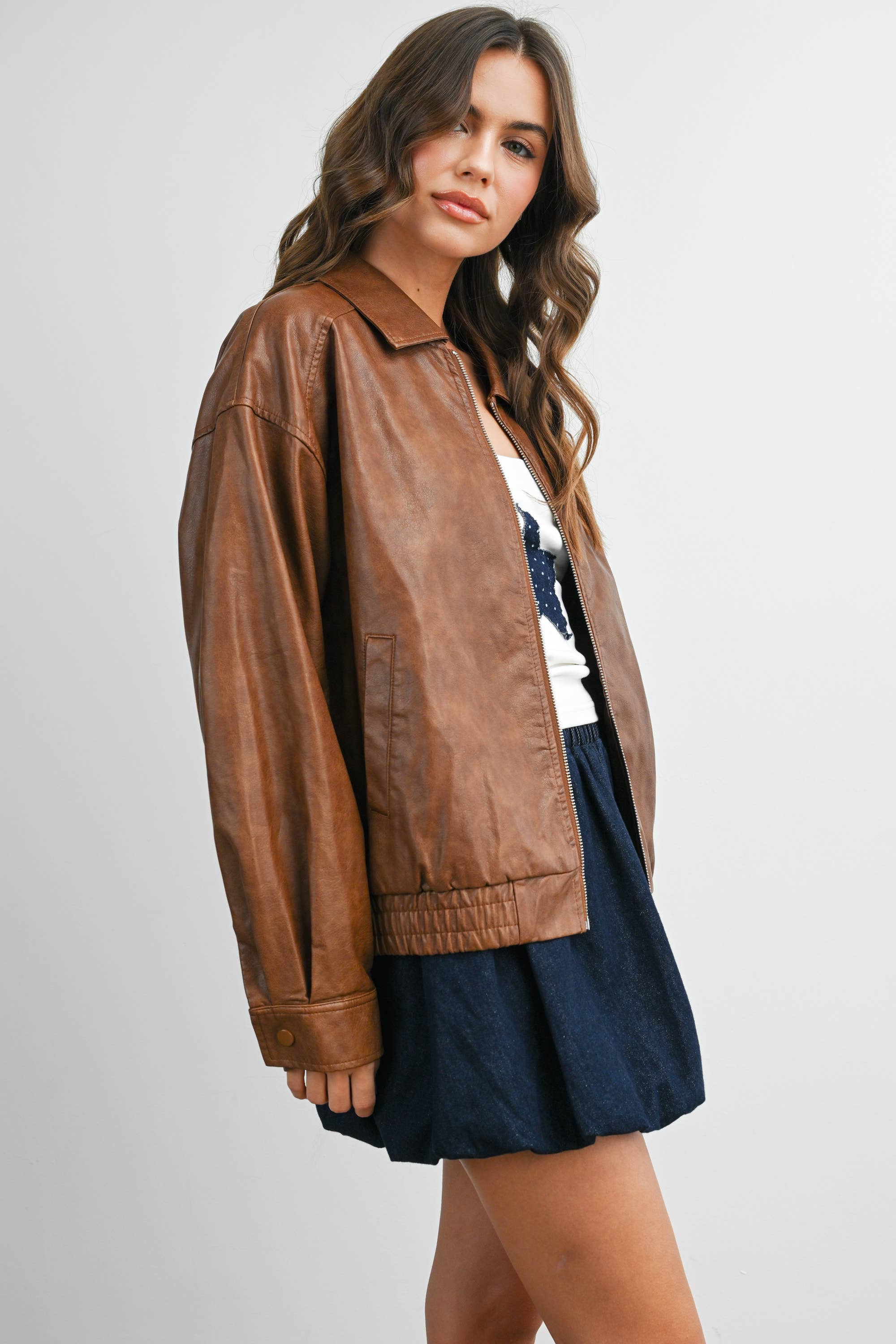 BUTTERMELON - Wholesale Jacket - Women's - Collared Zip-Front Leather Jacket - BMJ796822