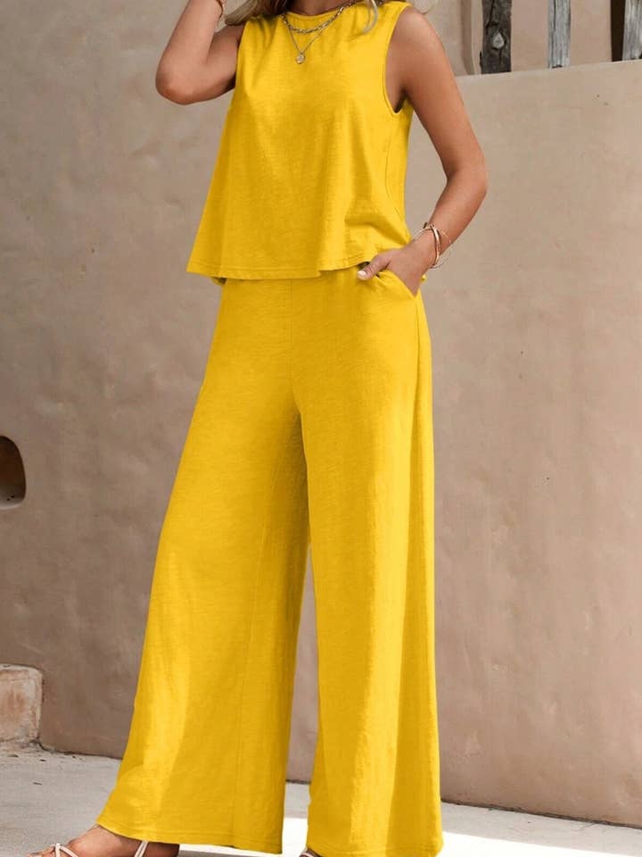CWSS0639_SUMMER CREW NECK SLEEVELESS TOP PANTS SUIT for wholesale by NINEXIS