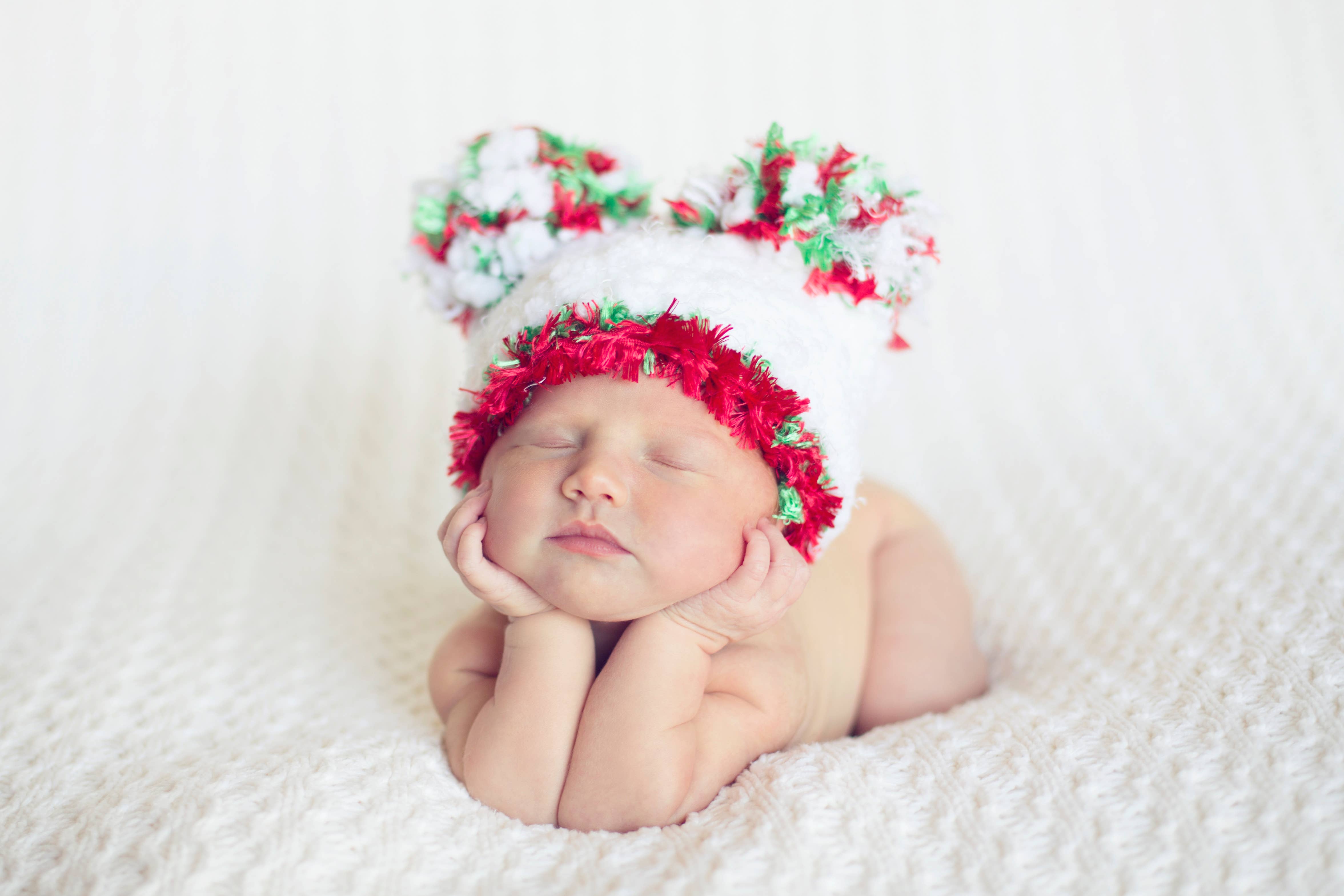 The Daisy Baby LLC - Wholesale Newborn/Knit Hat - Baby - Christmas double pom pom hat handmade Heirloom Gift Hat