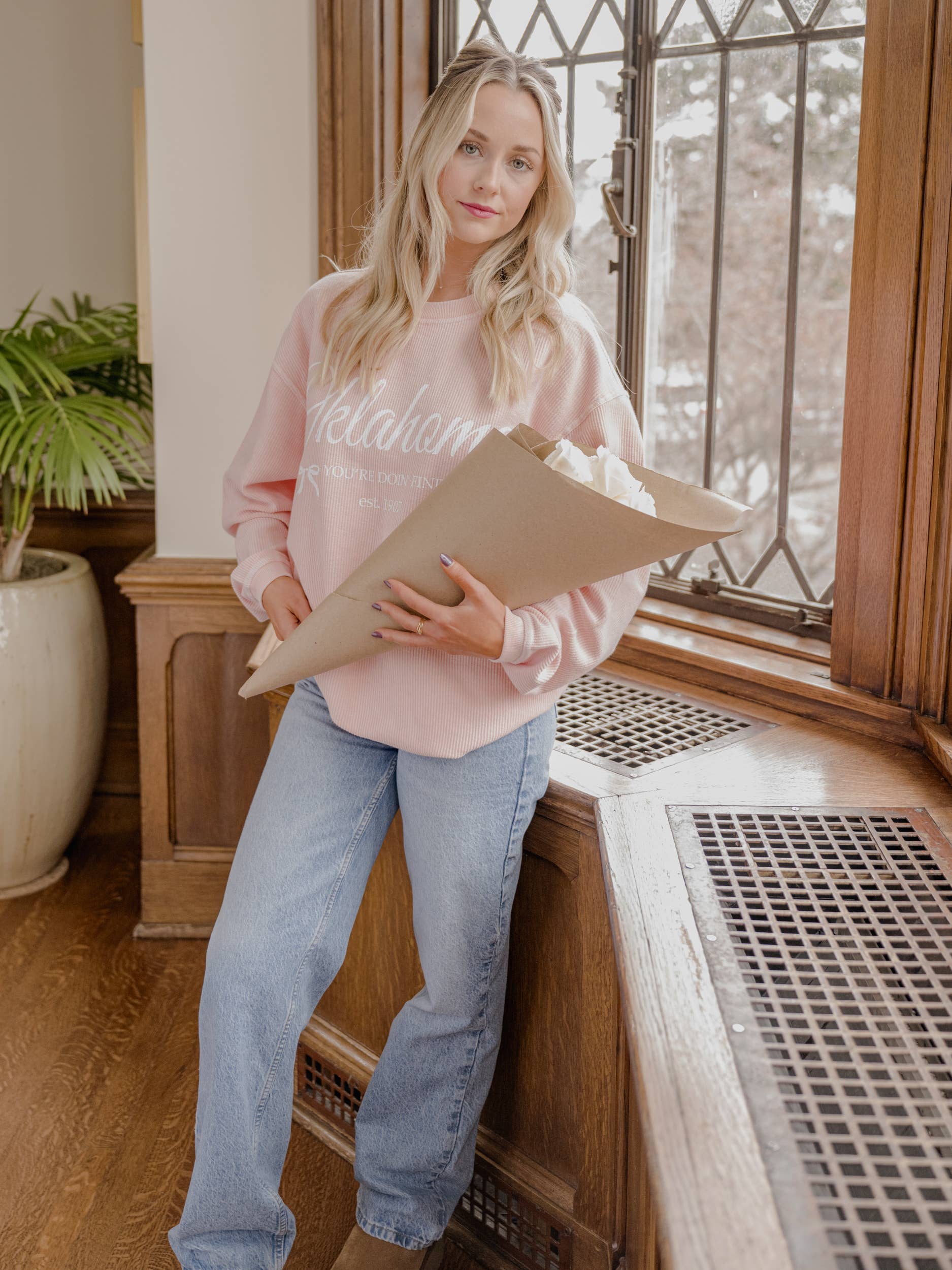 LivyLu - Wholesale Graphic Sweatshirt - Unisex - Oklahoma Est. Bows Pink Corded Crew Sweatshirt7