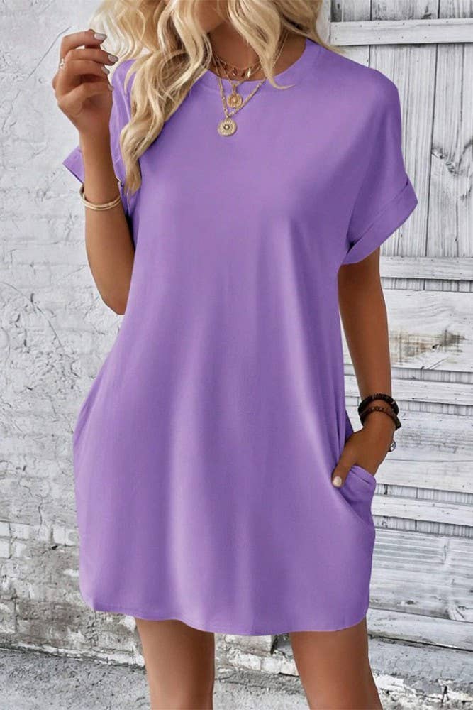 UNISHE - Wholesale Dress - Women's - Plain Fold Cuff Pockets Round Neck T-Shirt Dress ZK13339