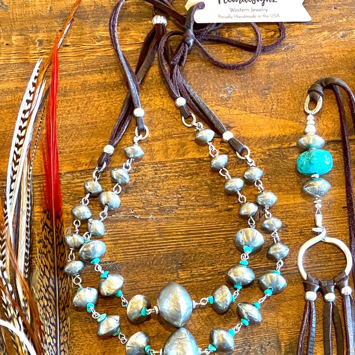 Fleurdesignz Western Jewelry - Wholesale Beaded/Pearl Necklace - Silver Bicone and Kingman Turquoise Necklace