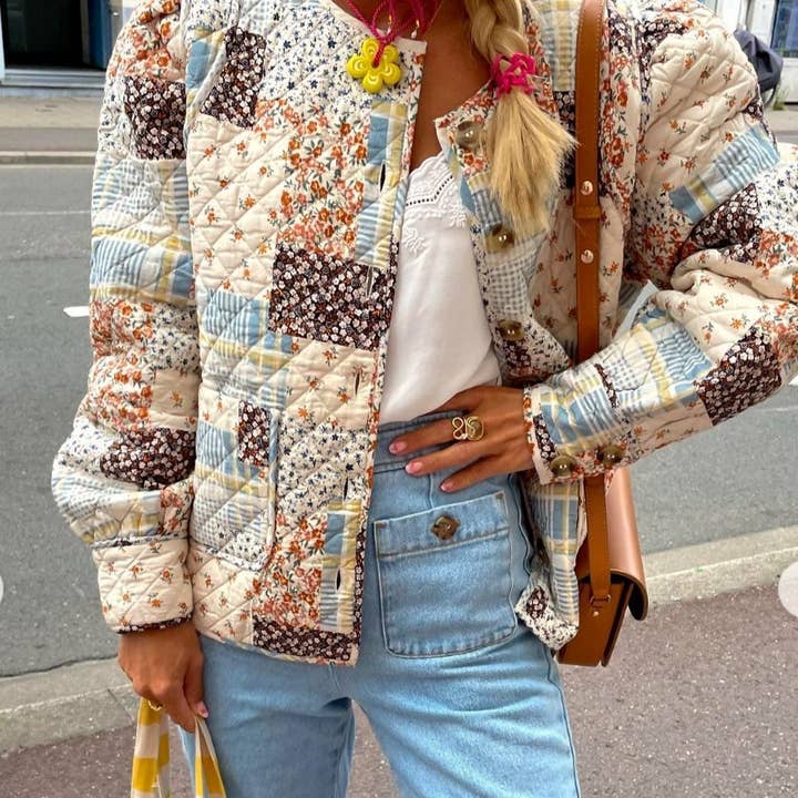 Apricot Floral Color Blocks Print Quilted Jacket for wholesale on Faire