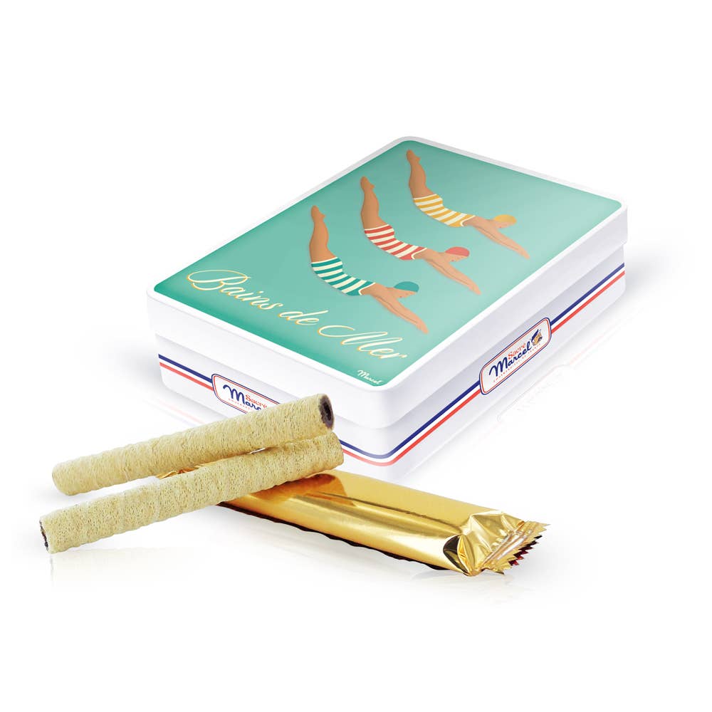 Sacré Marcel – Großhandel Schokoladenschachtel – Metalldose „Meeresbäder“ mit sechs Schokoladen-Blätterteigstangen3