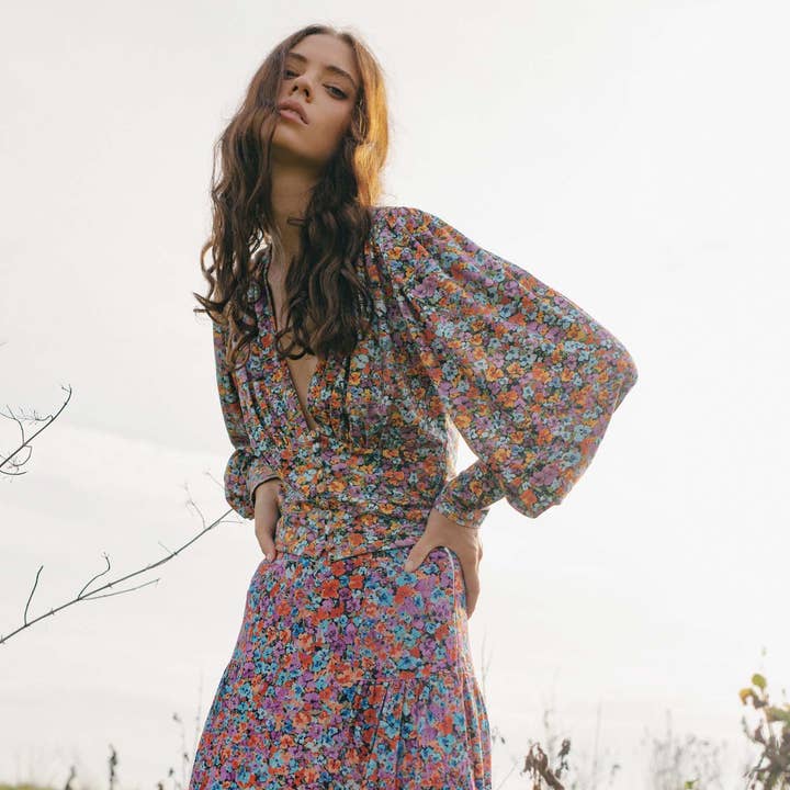 Bowie Button up Top - Floral Explosion Raspberry and other Purchase Wholesale tasha apparel. Free Returns & Net 60 Terms on Faire trending on Faire.