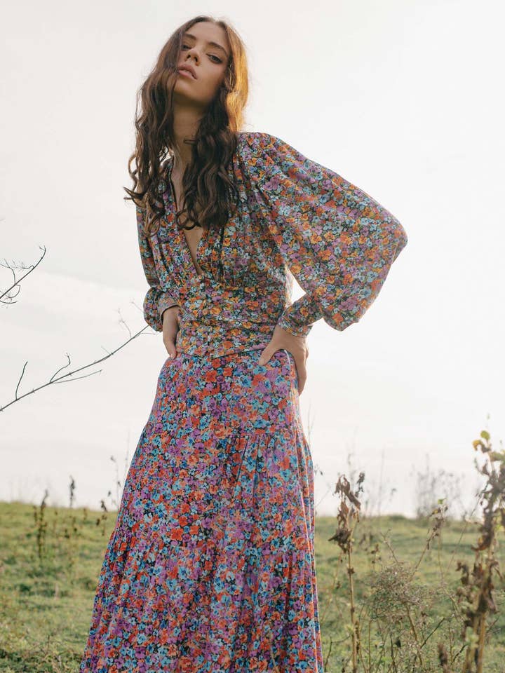 Bowie Button up Top - Floral Explosion Raspberry for wholesale by State of Georgia