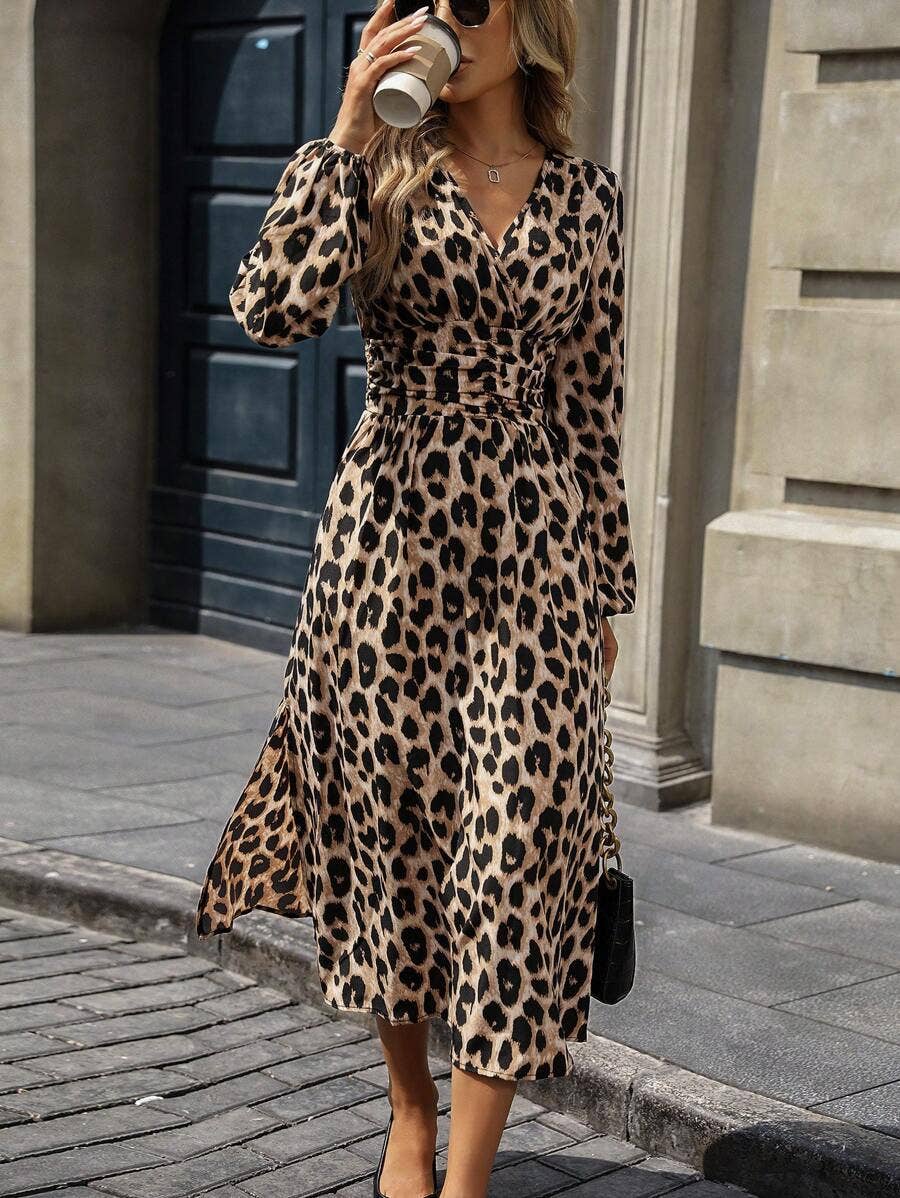 ElevateWell - Wholesale Dress - Women's - Women's long sleeve maxi dress with leopard print and V-neck6