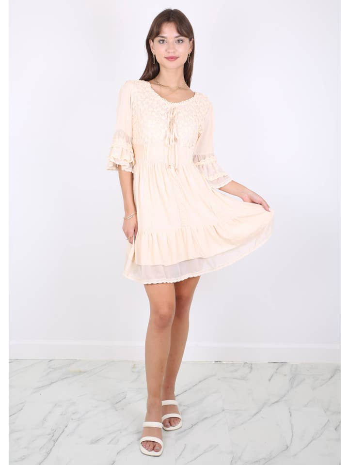 Anna Kaci Wholesale - Wholesale Dress - Women's - Boho Peasant Floral Lace Ruffle Hem Bell Sleeve Mini Dress
