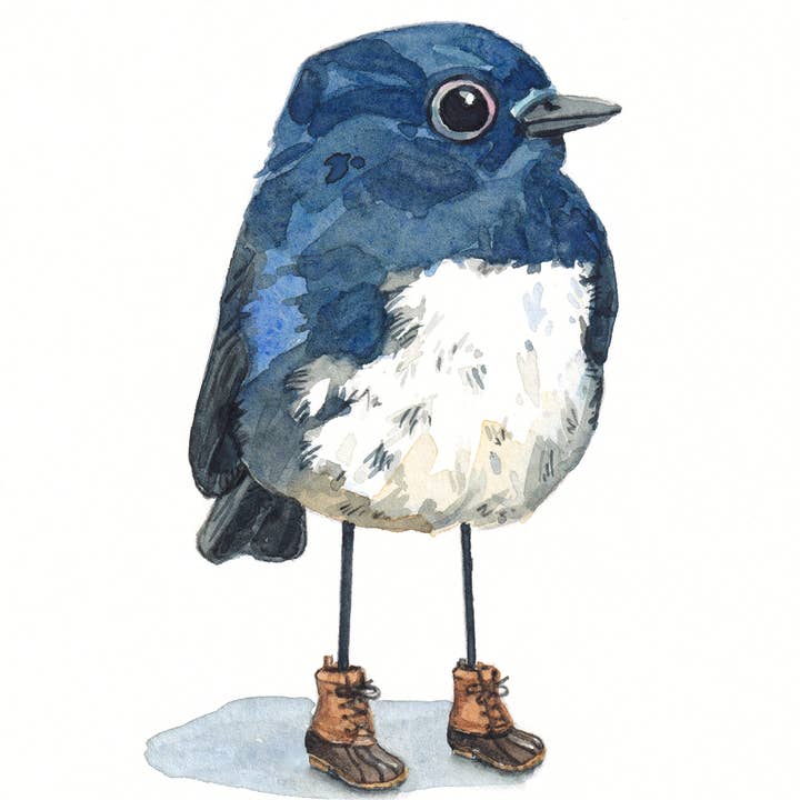 Bird in Duck Boots for wholesale by Drew Deming Watercolors