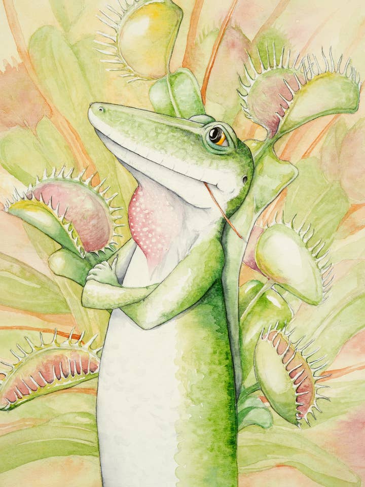 Carte de correspondance Anole & Dionée attrape-mouches 7"x5" pour la vente par Katie Crawford Art