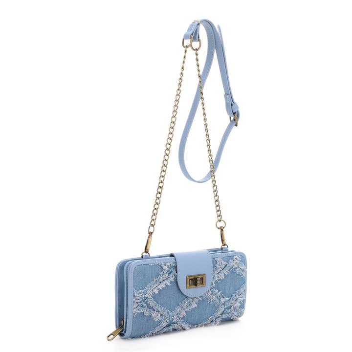 W3260 Distressed Diamond Denim Wallet on Chain for wholesale by Isabelle Handbags