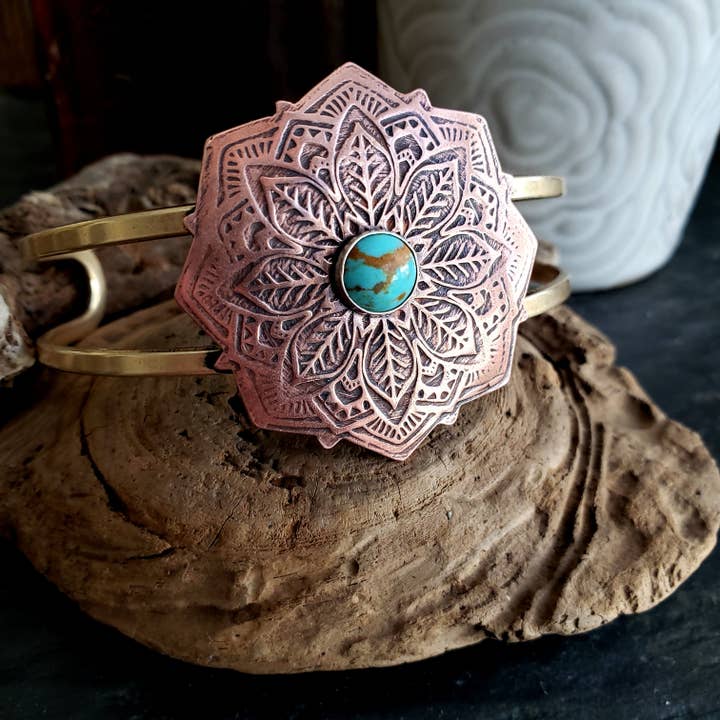 Copper Mandala Cuff with Turquoise for wholesale by Verdilune