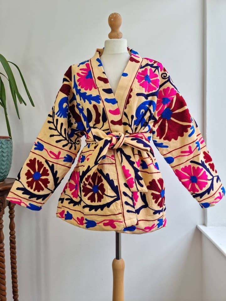 Essential Designs London – wholesale Jacket – Women's – Suzani Hand Embroidered Short Jacket | Autumn Boho Uzbek Kashmir Crewel | Christmas Special Gift | Classic Beige Pink Teal Turquoise |1