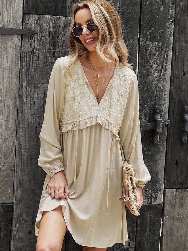 Beige Long Sleeve Peasant Dress for wholesale on Faire0