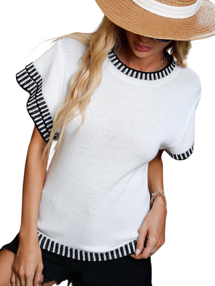 White Contrast Trim Round Neck Batwing Sleeve Knitted Top for wholesale by Trendi Lady