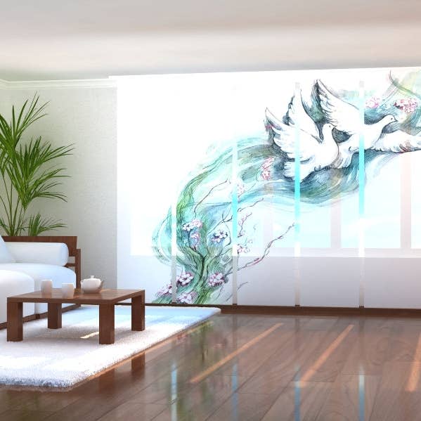 Lot de 6 rideaux à panneaux aquarellés en forme de colombes et de fleurs - pour la vente par IlyDecor