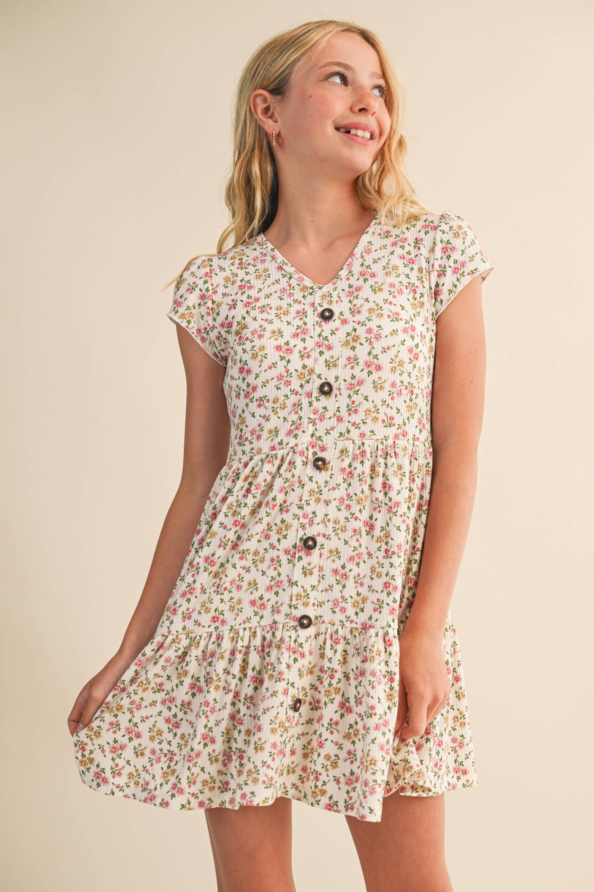 heart and arrow - Wholesale Dress - Kids - TWEEN KIDS GIRLS FAUX BUTTON DOWN TIERED DRESS (7-12)1