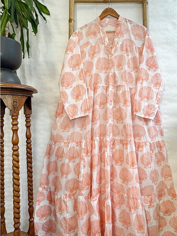 Essential Designs London - Wholesale Dress - Women's - Maxi Dress Indian Block Print White Peach Seashell Mermaid2
