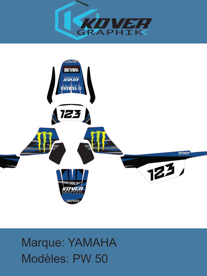 Motorcycle Deco Kit Compatible with Yamaha PW 50 – Blue/Black Racing Design – Kover Graphik for wholesale by kover graphik