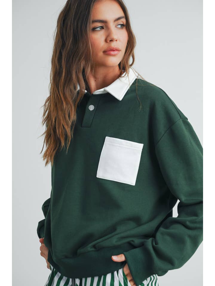 BUTTERMELON - Wholesale Sweatshirt – Women's - Two-Toned Polo Collar Sweatshirt - BMT75252