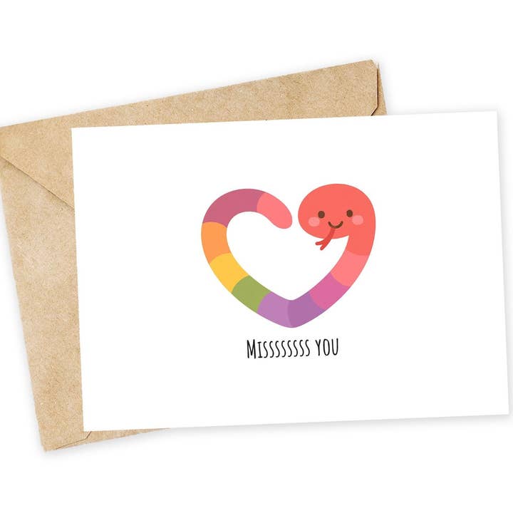 Miss You Greeting Card - Rainbow Snake, Long Distance for wholesale by Chewy Lemon Studio