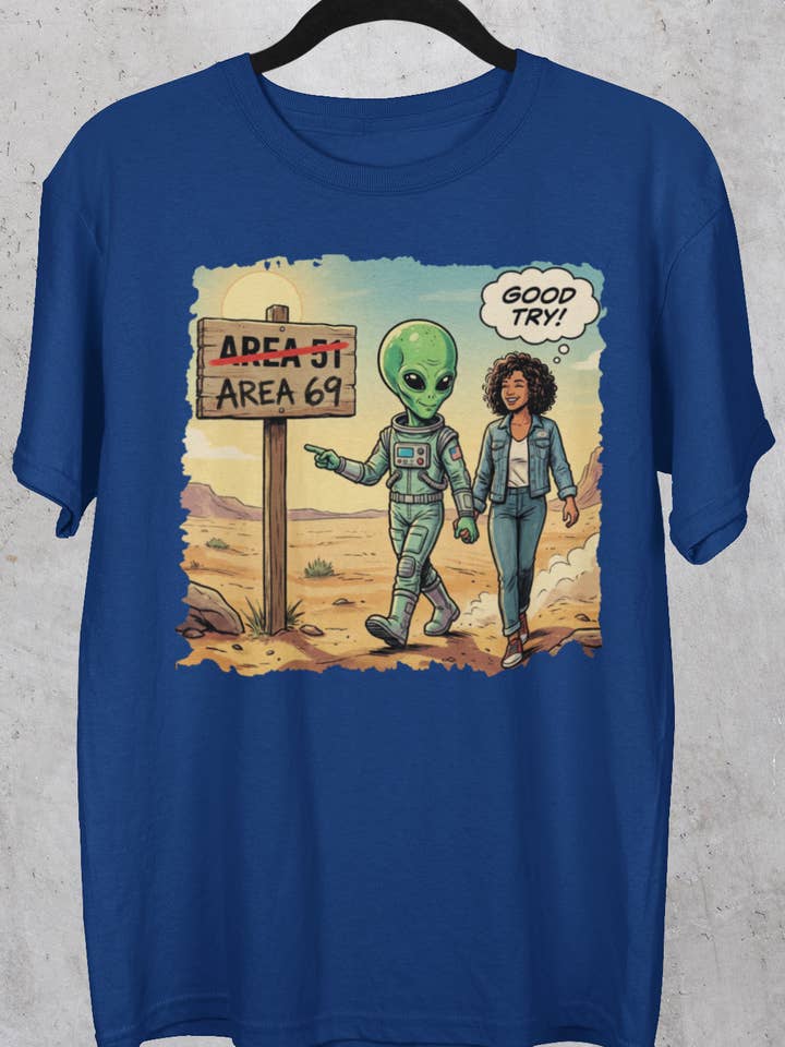 Adult - Area 69 alien and woman - tshirt (navy blue) for wholesale by Zombie Paws