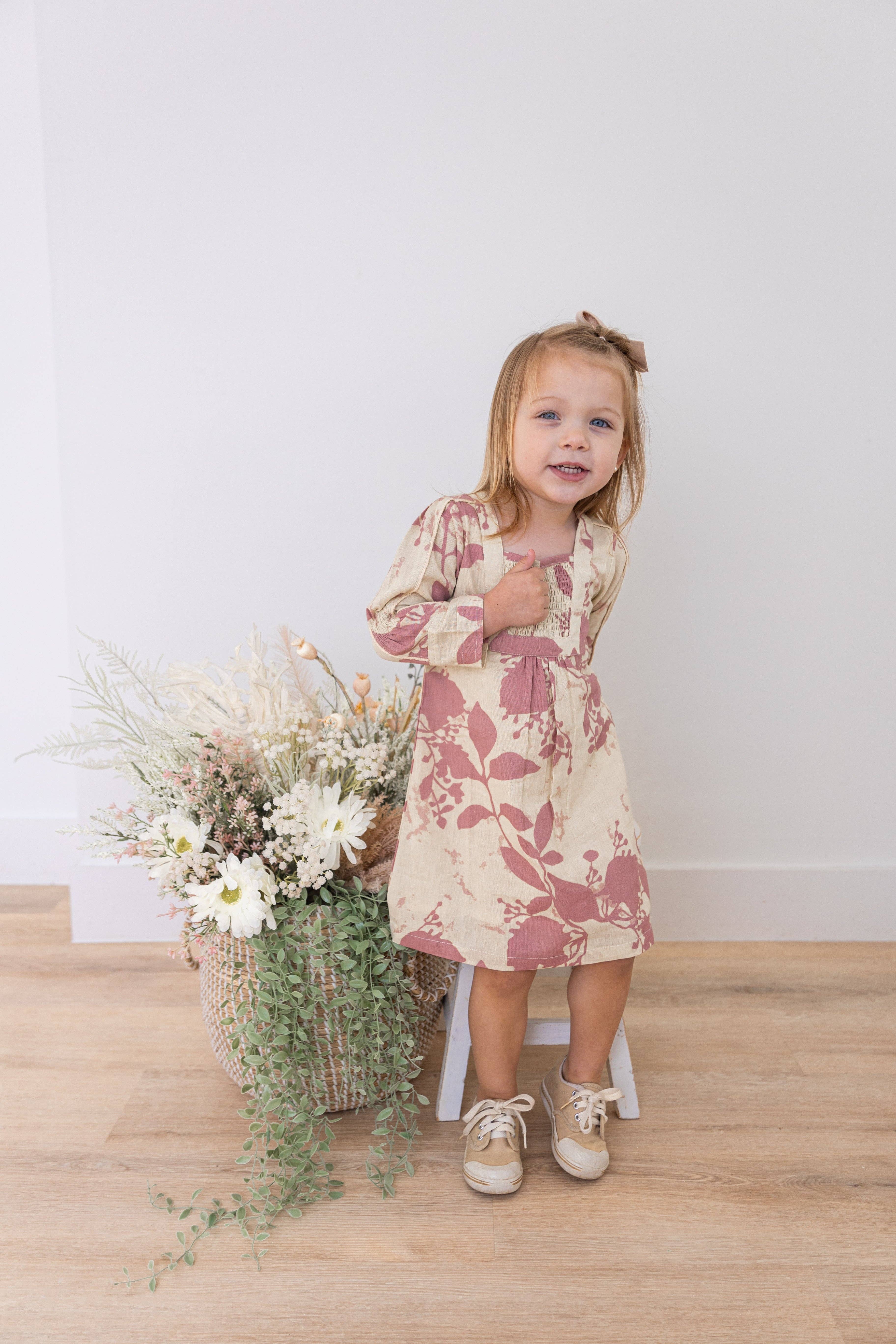 Yo Baby – Vestido - Crianças por atacado – Vestido Comprido com Estampado Floral Rosa Escuro e Mangas Compridas Franzidas3