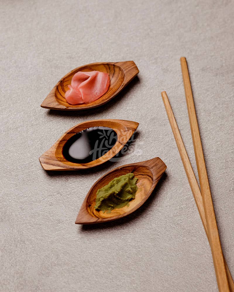 Bali Harvest - Wholesale Condiment/Dip Bowl - Teak Wooden Leaf Saucer Condiment Dish - Sauce Dish Dip Bowl1