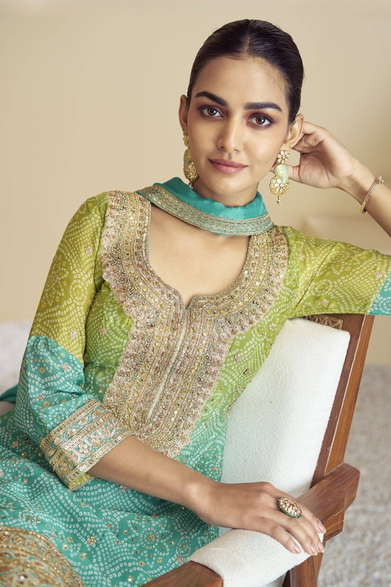 HATKE BRIDE - Wholesale Top & Pant Set (NOT Loungewear) - Women's - Green Dual Color Chinon Silk Bandhani Style Pattern Palazzo Suit For Indian Festivals & Weddings - Embroidery Work, Mirror Work, Print Work2