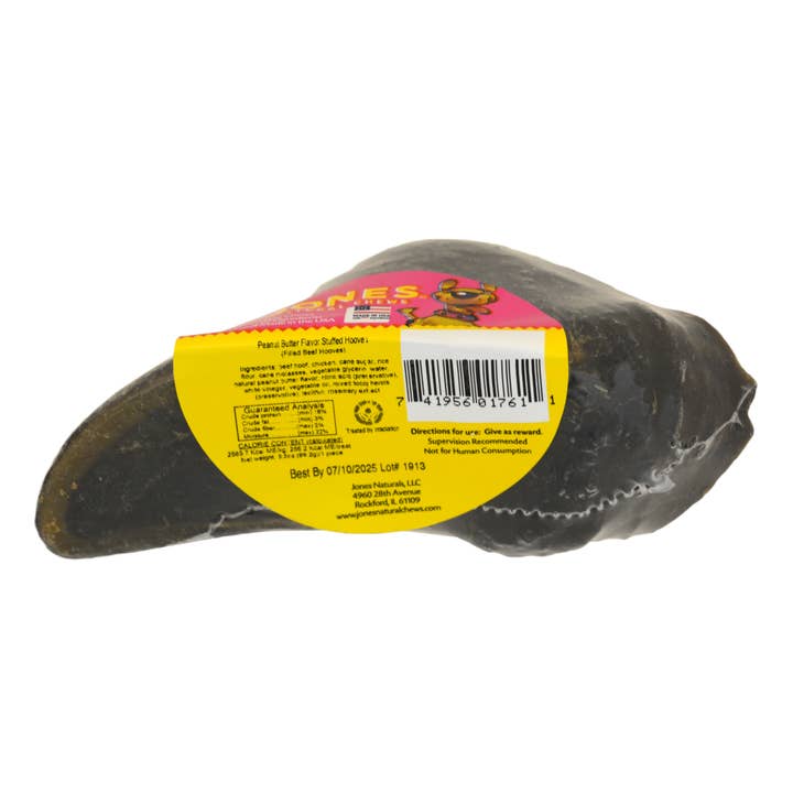 Jones Natural Chews - Wholesale Pet Treats - Dog - Peanut Butter Flavor Stuffed Hooves 1 Pack Shrink Wrap with Round Label
