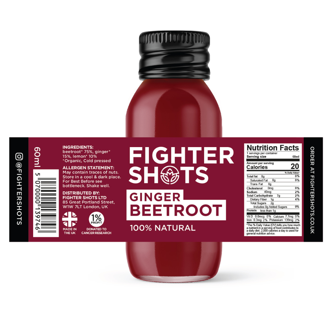 Fighter Shots - Vente Jus bien-être/fortifiants - Fighter Shots 100 % végan Gingembre + Betterave, lot de 6 ou 12 x 60 ml12