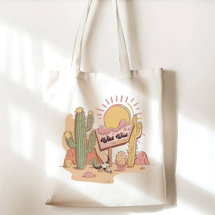 Wild West Desert Cactus Retro Country Music Canvas Tote Bag for wholesale by Sister Ray
