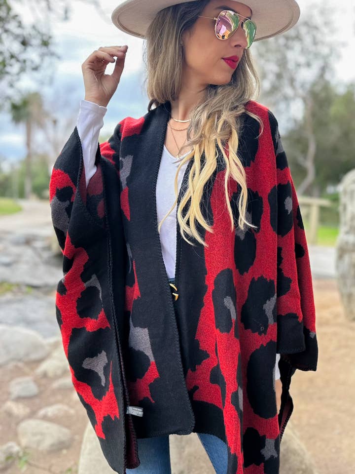 Red Leopard Printed Knitted Cozy Kimono Cardigan for wholesale on Faire