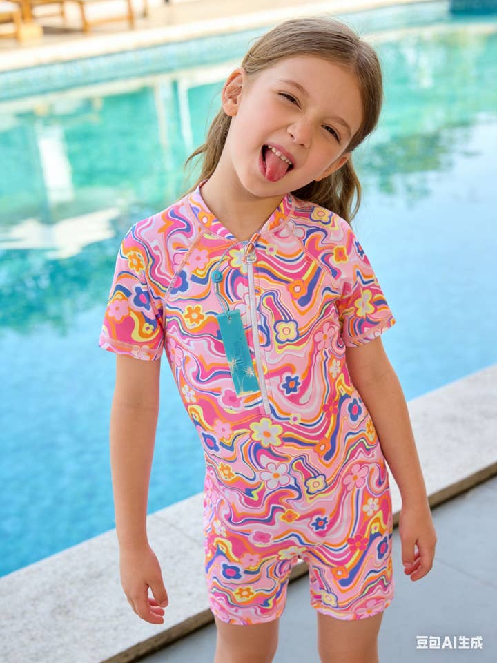 H3122 Kids Colorful Boho Pink Swimsuit for wholesale by Stylish Swimwear