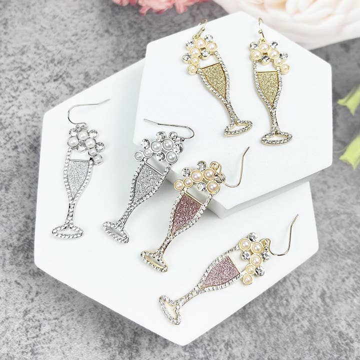 JHP Collection - Wholesale Dangle Earrings - CLASSY WINE GLASS GOLD GLITTER EARRINGS