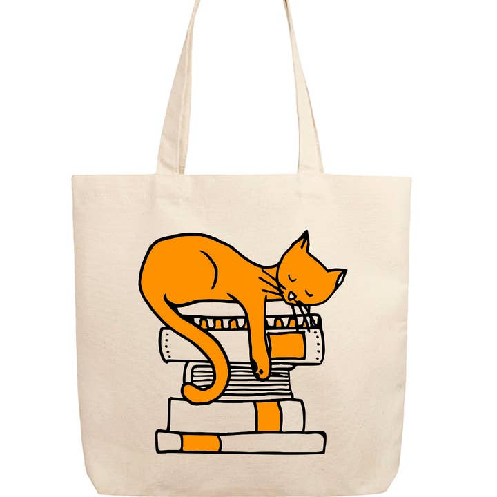 Organic Cotton Orange Cat Lover Tote / Book Bag for wholesale by Fly Paper Products