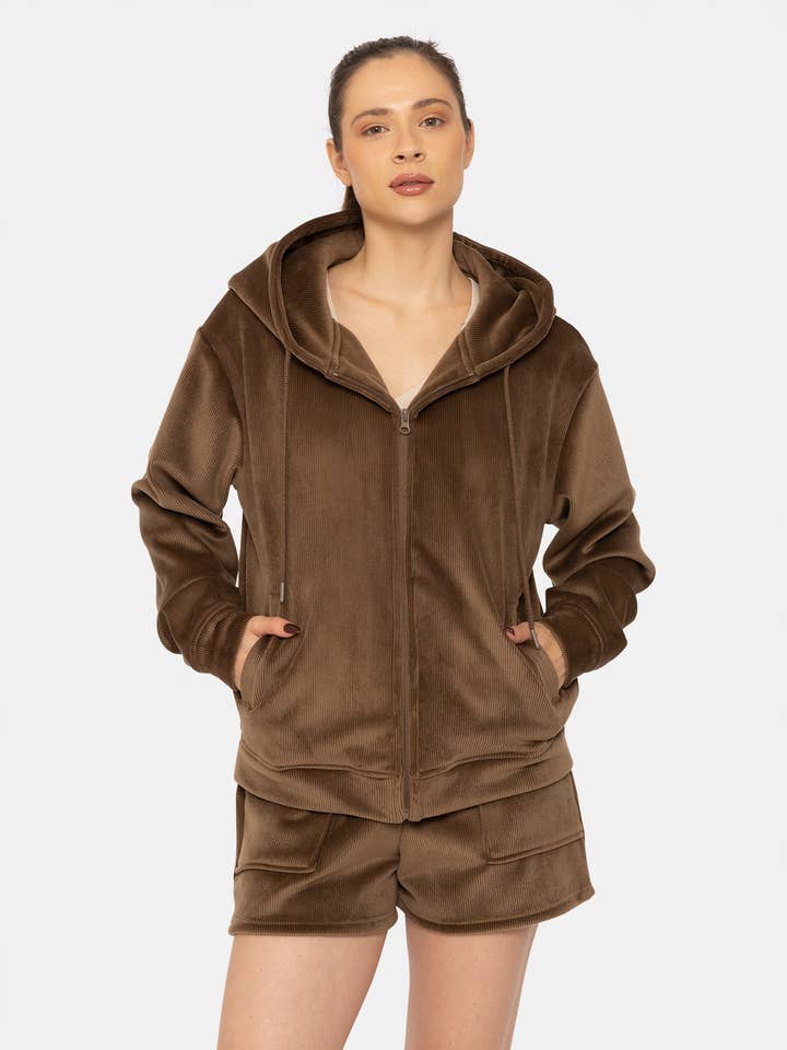 Mono B - Wholesale Hoodie - Women's - Soft Luxe Corduroy Zip Up Hoodie