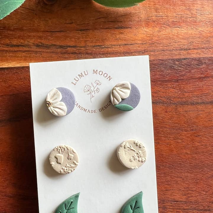 Purple & White Floral Stud Pack for wholesale by Lumu Moon Handmade Designs