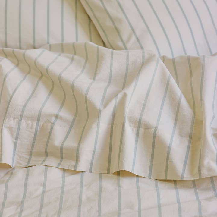 Piglet in Bed USA - Wholesale Flat Sheet - Mellow Green Slumber Stripe Cotton Flat Sheet