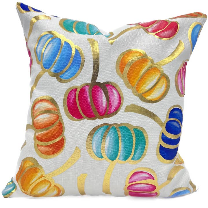 Golden Colorful Falling Pumpkins Pillow for wholesale by Rachel Brooks Design, LLC