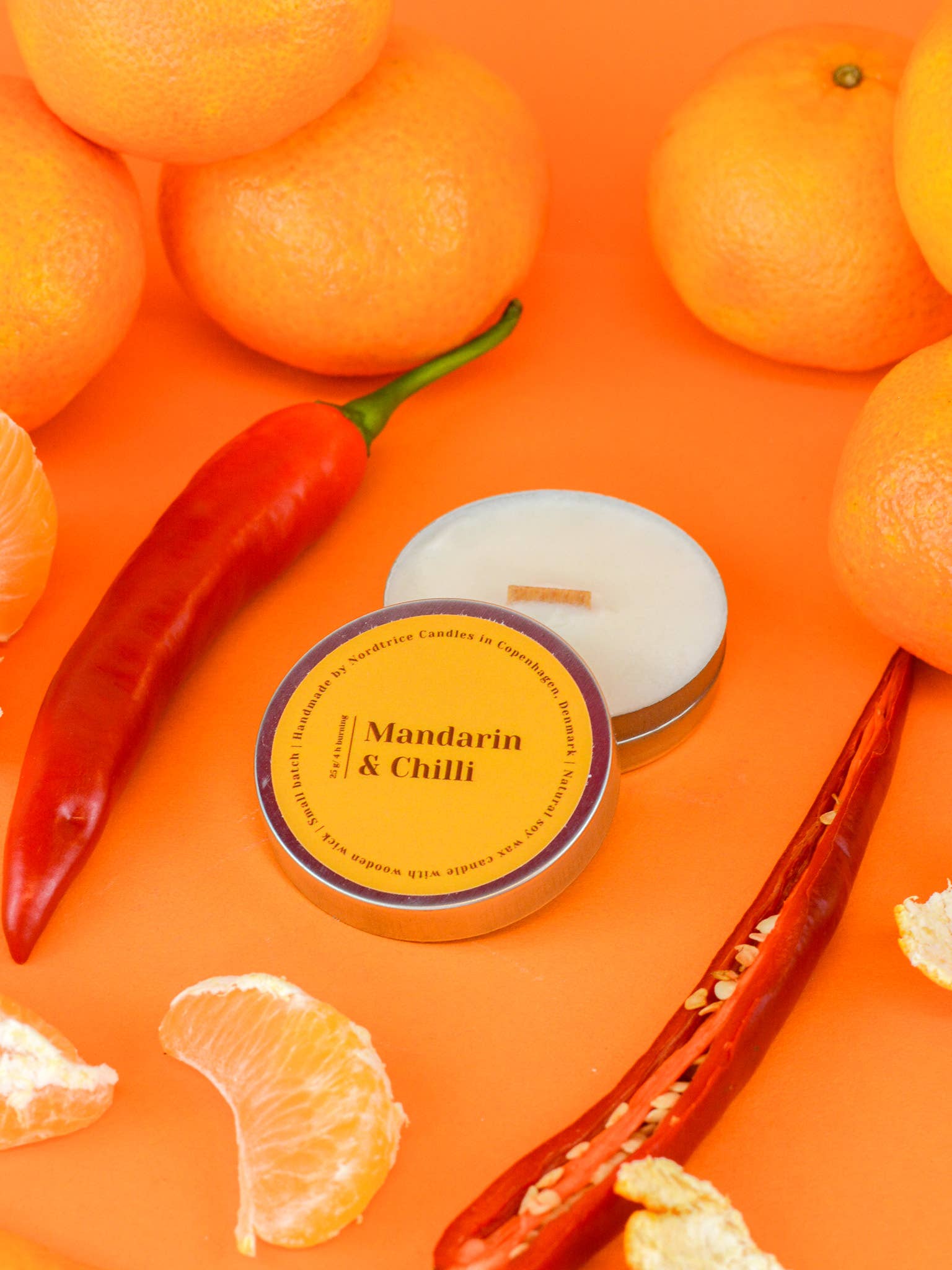 Nordtrice – Engroshandel Rejsestearinlys – Mini duftende sojelys, Mandarin & Chili