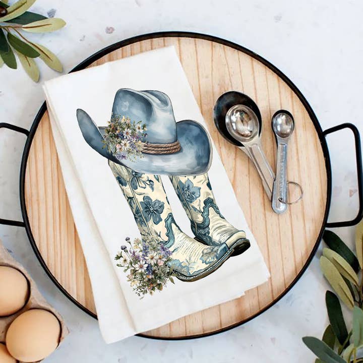 Avery Lane Gifts - Wholesale Tea Towel - Western Blue & White Cowboy Boots Tea Towel