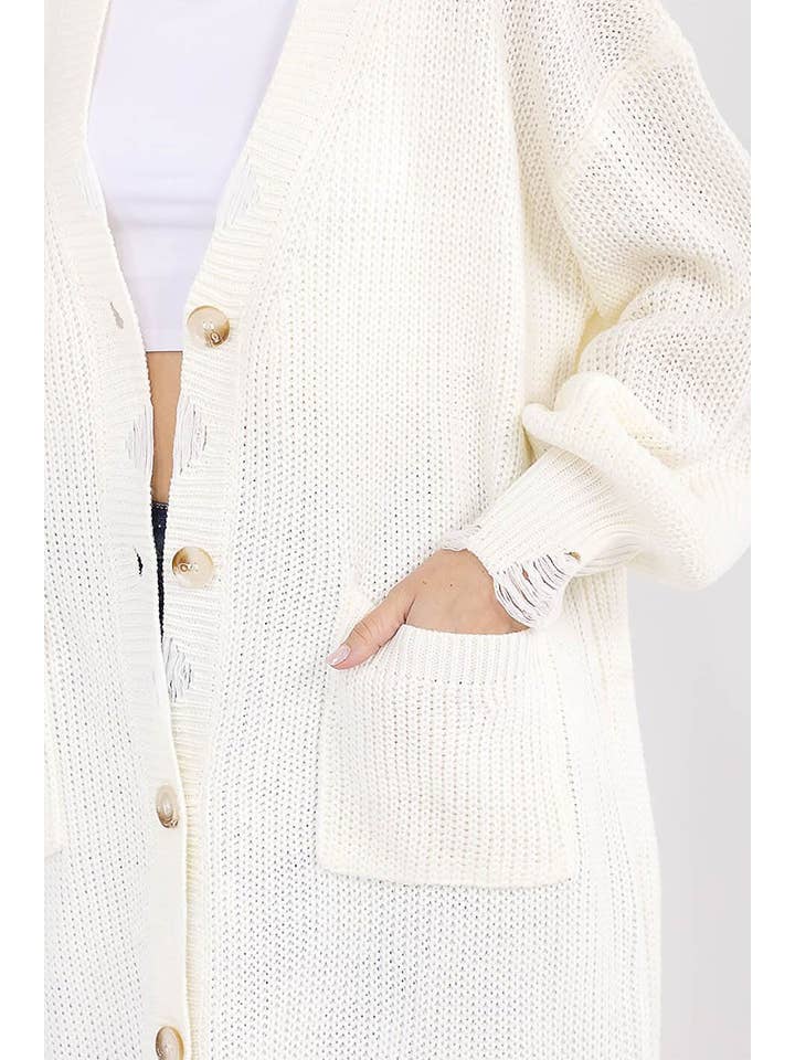 IVORY SOLID DISTRESSED KNIT BUTTON DOWN POCKETS CARDIGAN for wholesale on Faire3