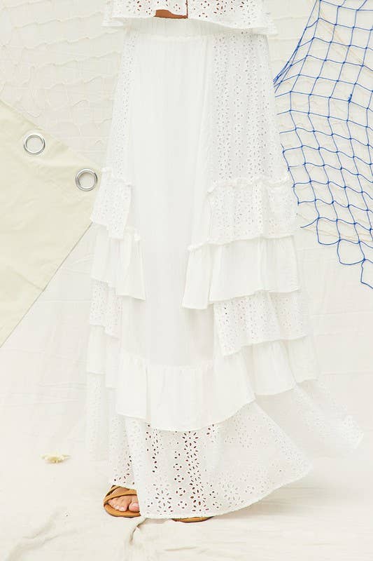 Off White Eyelet Ruffle Maxi Skirt for wholesale on Faire4
