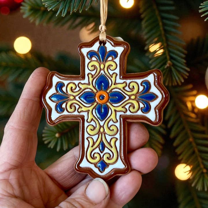 Symmetric Talavera Flower Cross Artisanally Crafted Ornament for wholesale by Little Clay Hen