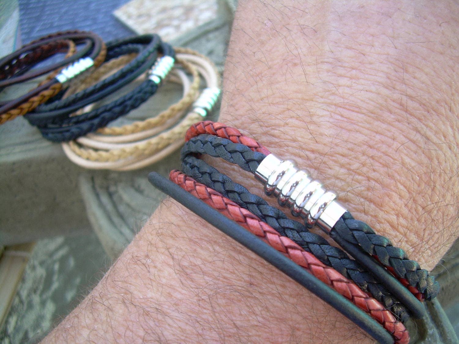 Urban Survival Gear USA - Wholesale Jewelry - Men's - Mens Leather Bracelet Stainless Steel Magnetic Clasp Mens Bracelets Leather Double Wrap Bracelet Fathers Day Gift Mens Jewelry Groomsmen1